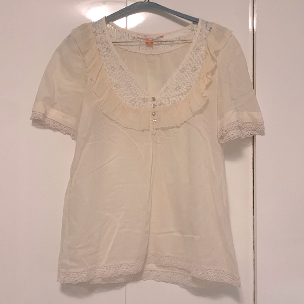 Rebecca Taylor cream cotton ruffle mother of pearl button top 2
